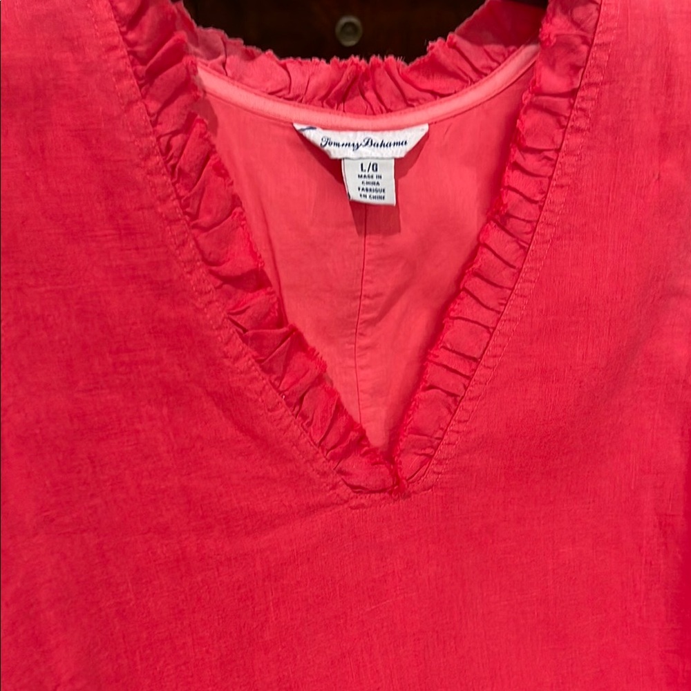 Tommy Bahama Coral Linen Two Palms Ruffle V-Neck Shift Dress